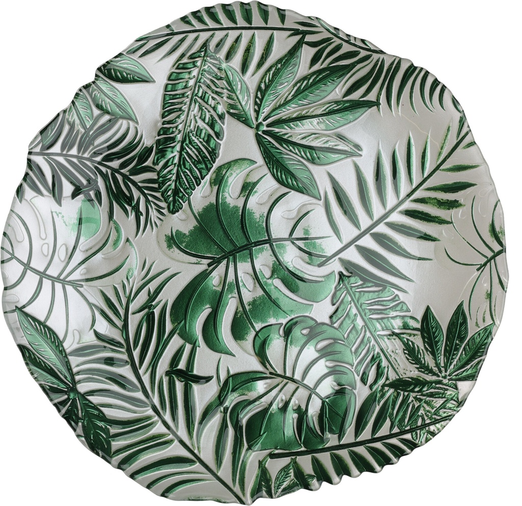 ASSIETTE EN VERRE 28CM FEUILLE TROPICALE 3 ASSORTI