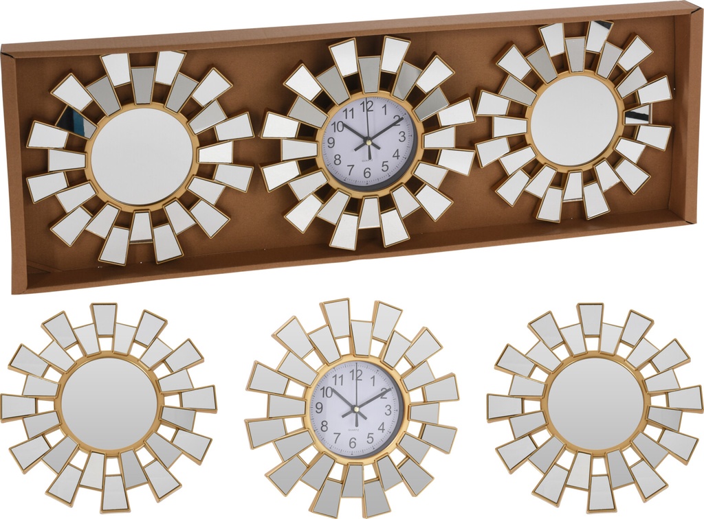 HORLOGE MURALE EN PP AVEC MIROIRS DIA 25CM DOREE