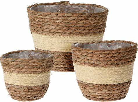 CACHE-POT FEUILLE DE QUENOUILLE TRESSE SET 3 PCES BEIGE