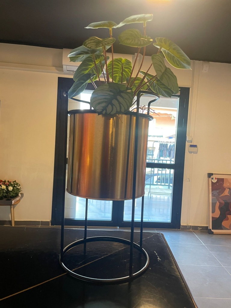 SUPPORT DE POT DE FLEURS EN METAL. POT DORE