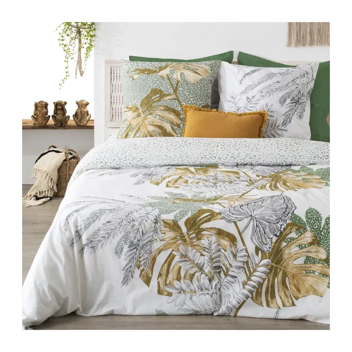 Parure De Lit 2 Personnes 240 X 220 Cm Avec 2 Taies Imprimé Monstera