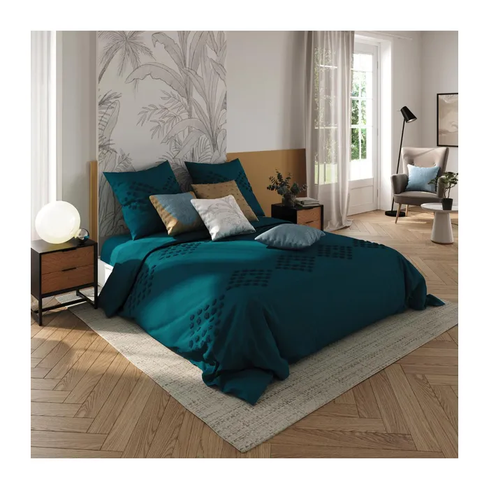 ATMOSPHERA Parure De Lit 2 Personnes 240 X 220 Cm Housse De Couette Avec 2 Taies Coton Lavé Bleu Canard Tufté