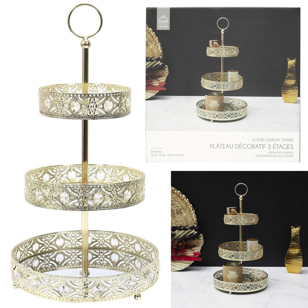 PLATEAU DECORATIF METAL DORE 3 ETAGES