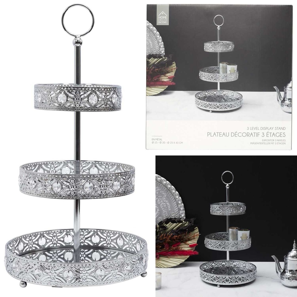 PLATEAU DECORATIF METAL ARGENTE 3 ETAGES