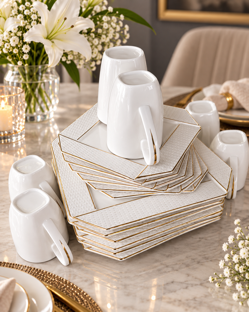 SET ASSIETTE CARRE MOTIF TRESSÉ 18 PIECES