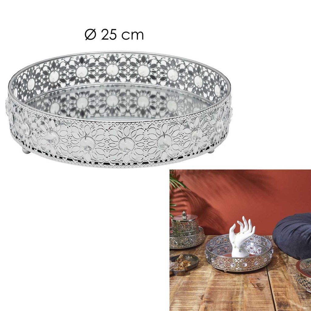 PLATEAU DECO MIROIR ARGENTE D25CM