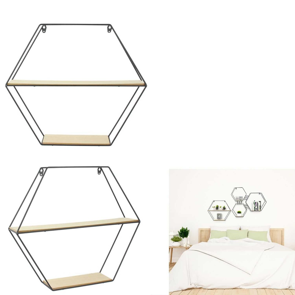 ETAGERE BOIS METAL HEXAGONALE 46X10X40CM